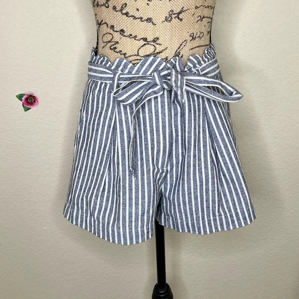 High-Waist Navy & White Striped Paperbag Shorts with Tie Waist